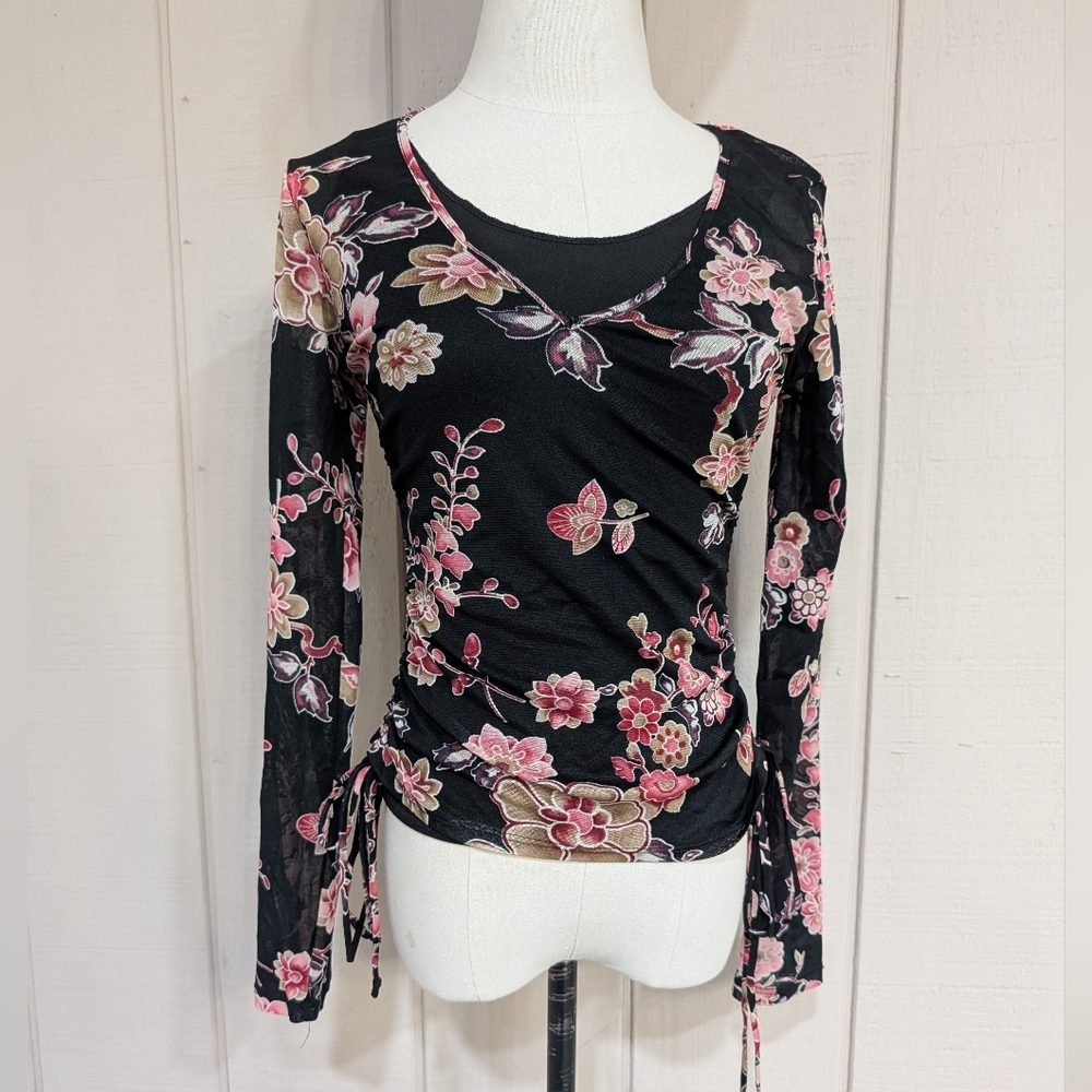 Vintage Y2K Eyeshadow Mesh Scrunch Tie Top  Cherry Blossom Asian JRS‎ M